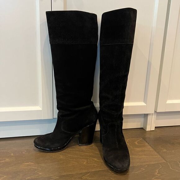 Robert Clergerie Black Boots Chunky Heel Suede Patent Leather Platform 6.5 - Picture 2 of 14